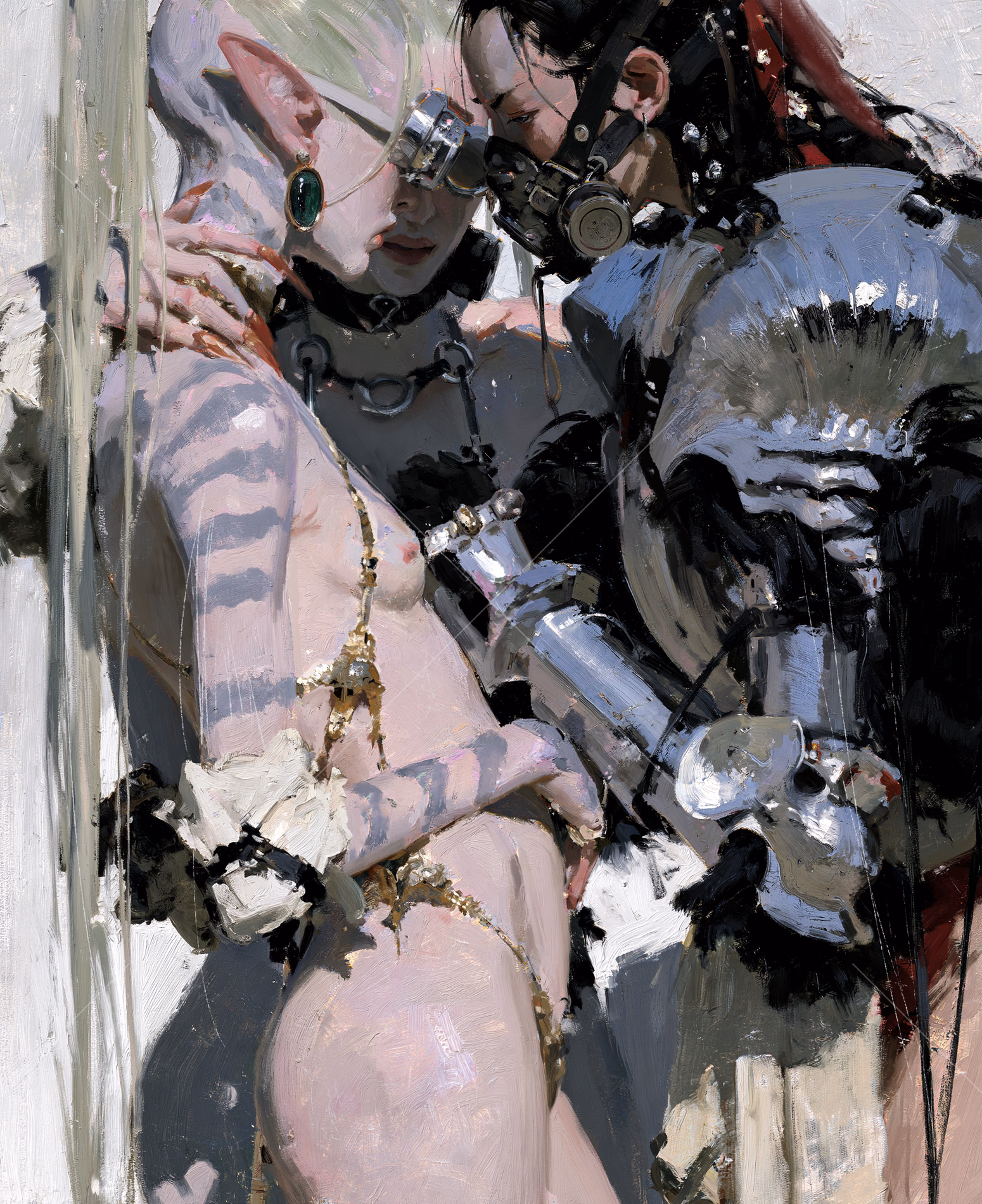 An Unlikely Alliance by Mizushyne: A pale elf woman with long platinum hair and pointed ears sits closely among armored figures wearing futuristic breathing masks and mechanical gear. Gold jewelry, striped body…
