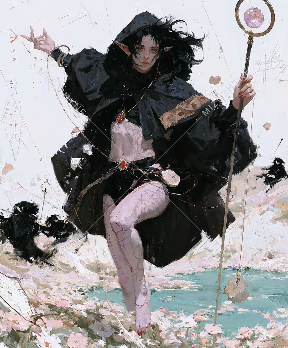 Azrynn by Mizushyne: Painting of a dark-haired sorceress in a black cloak leaping barefoot over a shimmering pool, holding a staff with a violet orb