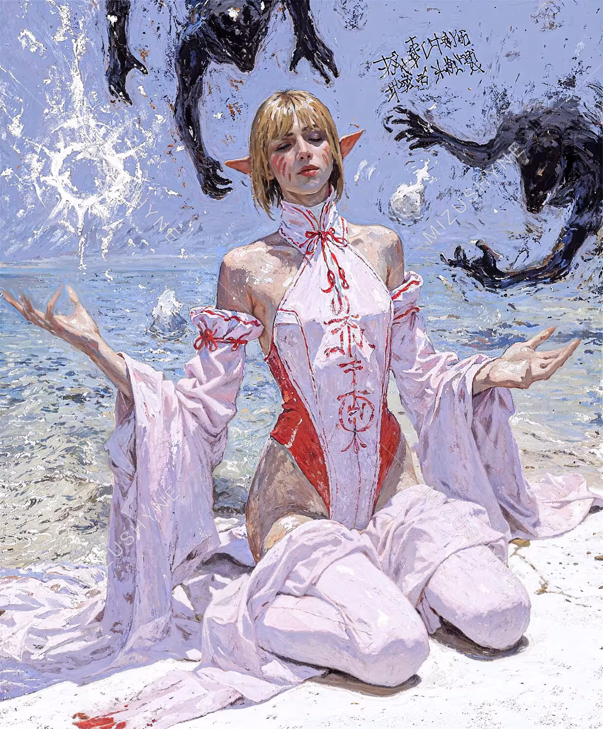 Doveblood by Mizushyne: Painting of a blonde elf in a white and red ribboned bodysuit kneeling on a beach with open arms as dark winged creatures swirl overhead