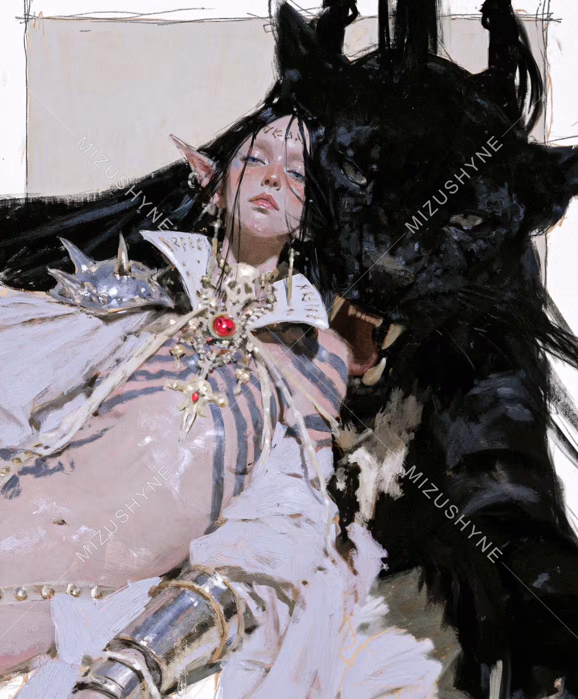Familiar of the Sanctuary by Mizushyne: Painting of a dark-haired elven woman with tiger-striped skin resting against a large black panther, a red jewel at her throat