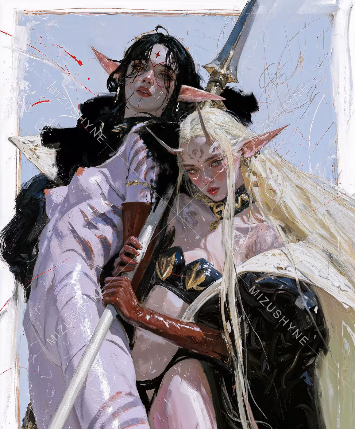 Heirs to a Small Disaster by Mizushyne: Painting of a dark-haired figure in a white coat holding a pale blonde elf close, a long spear between them, red marks on a pale background