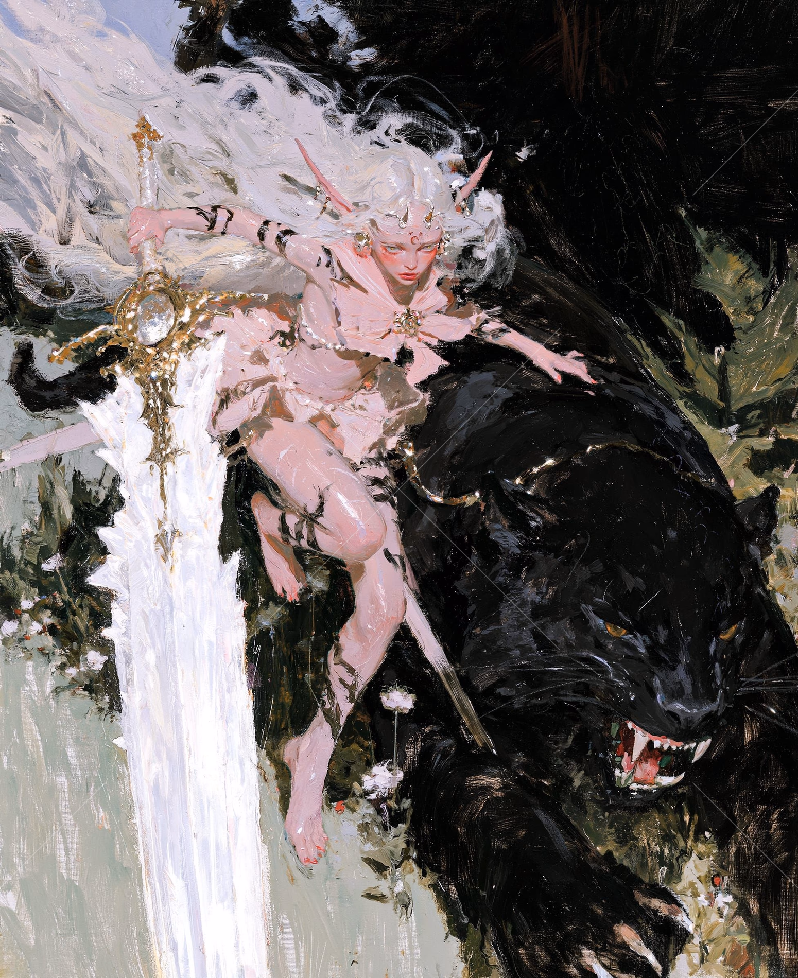 I Will Carry the Dark for You by Mizushyne: A digital painting with thick brushstrokes showing a pale elven woman with long white hair and dark skin markings, wearing a ruffled pink outfit, as she wields a massive…