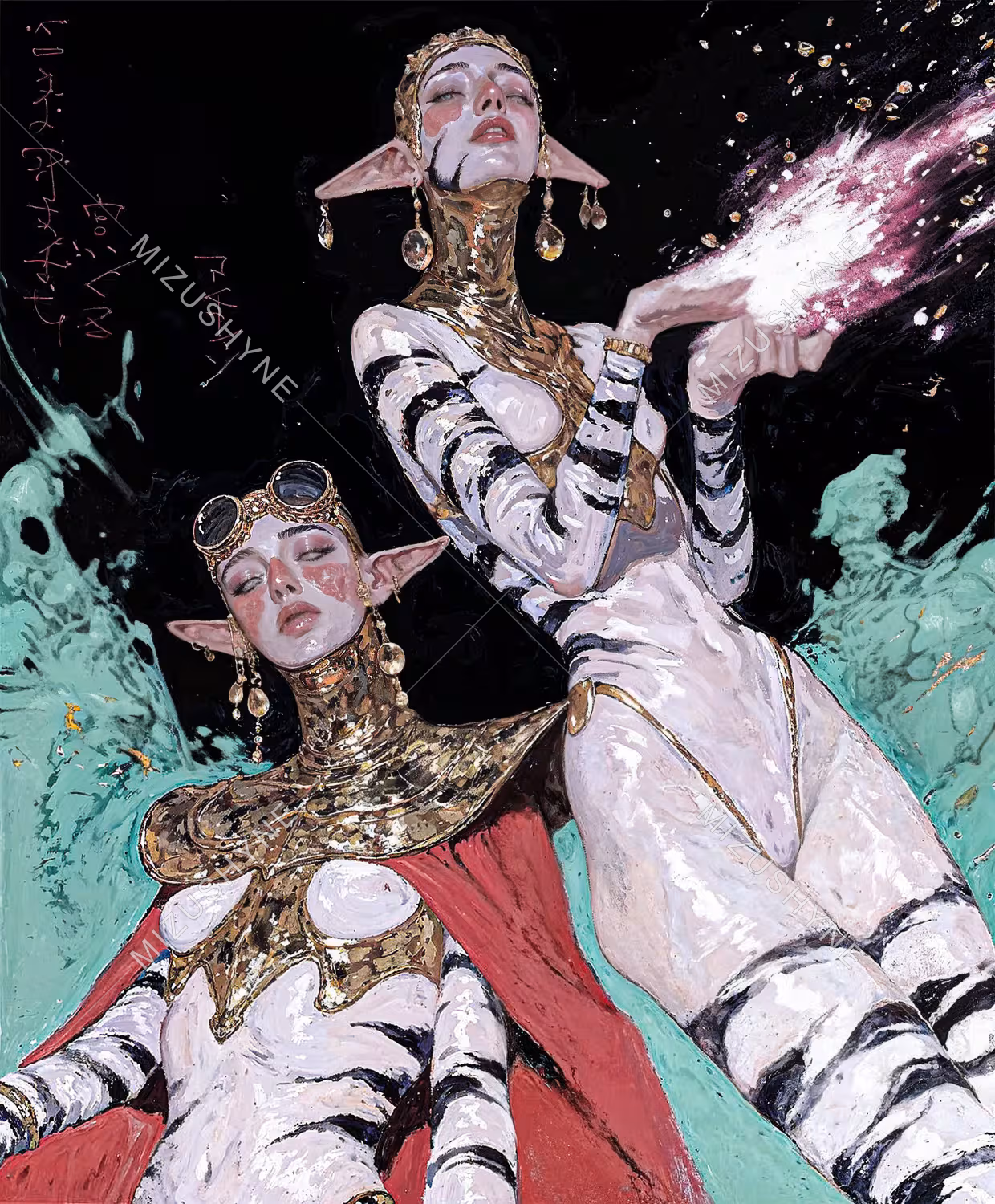 Lórê Lant by Mizushyne: Painting of two elven women in gold collars and striped bodysuits against black and turquoise, one casting a burst of pink light