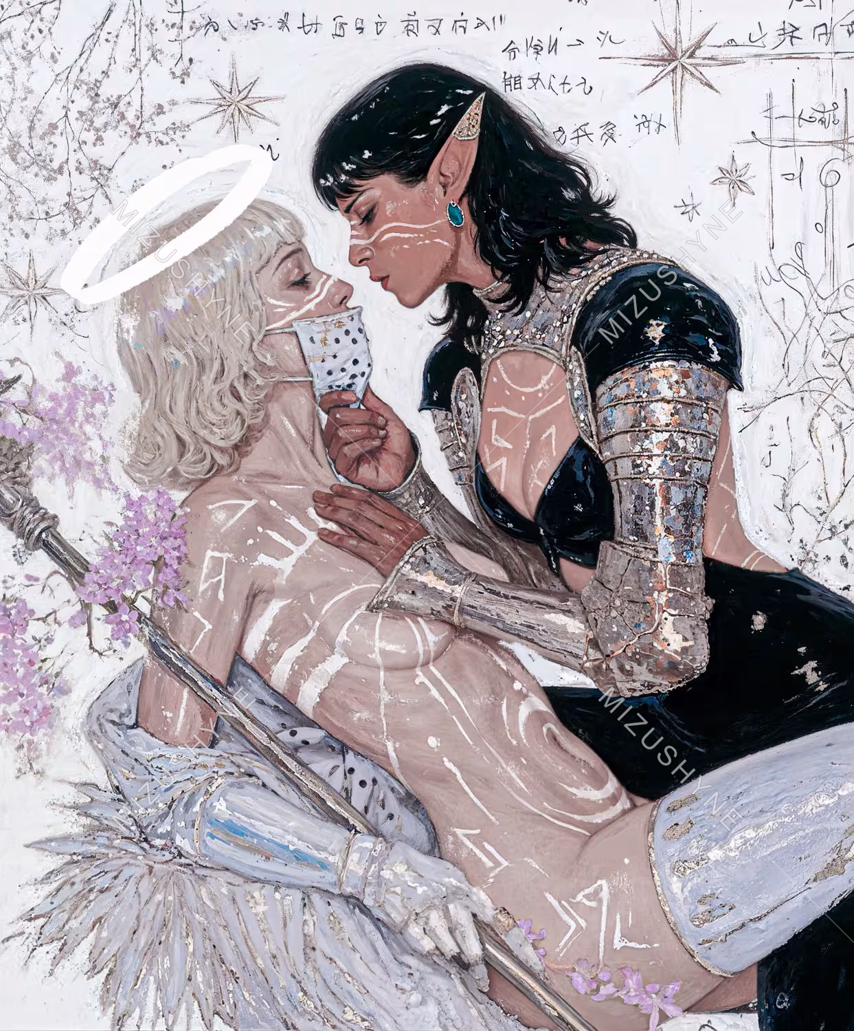 Love Me Until I Disappear by Mizushyne: Painting of a dark-haired elf in black and silver armour embracing a pale haloed figure in white with a dotted face mask