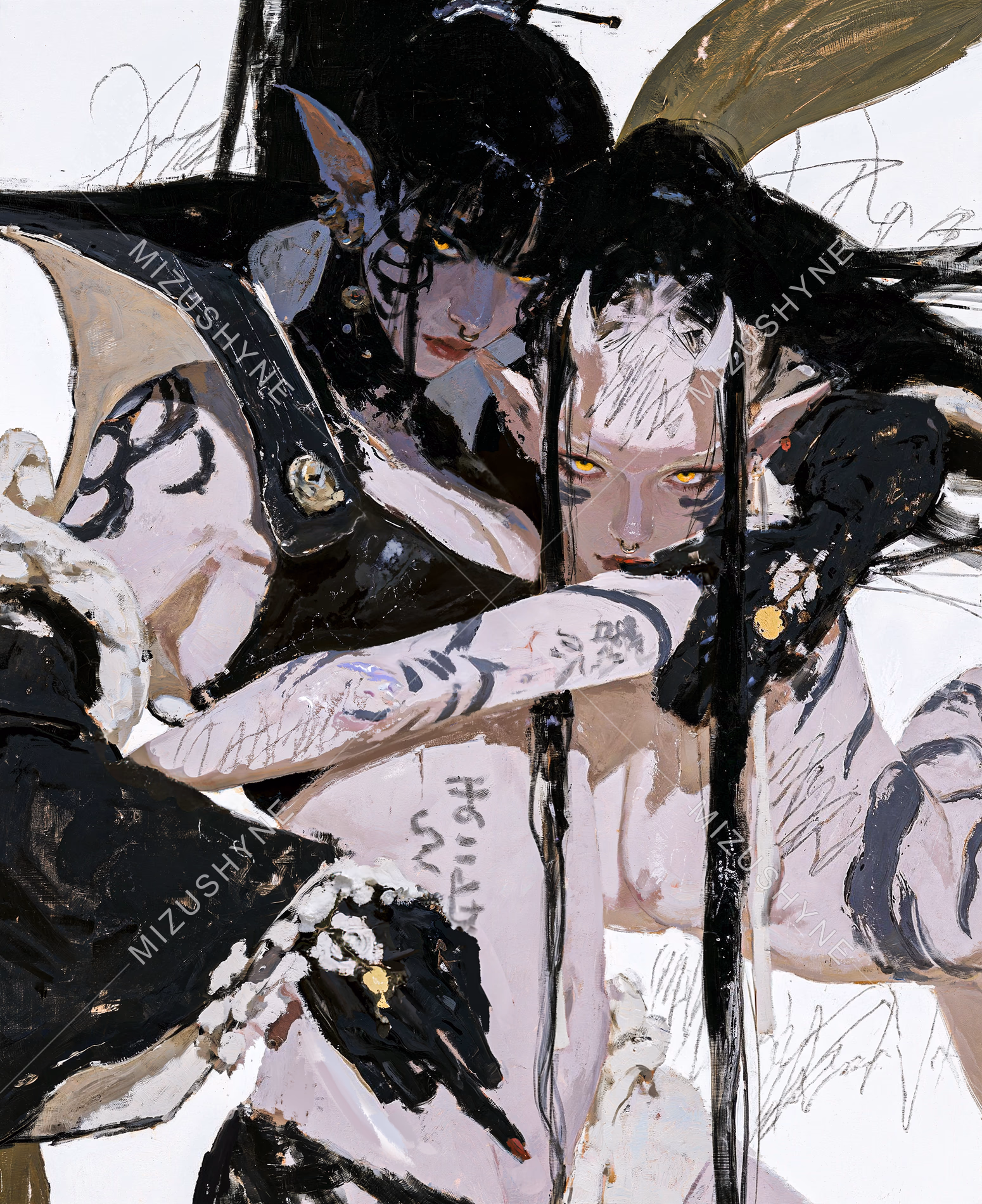 Make Me by Mizushyne: Painting of two dark-haired elven women with tattooed skin and black clothing entwined in a close embrace