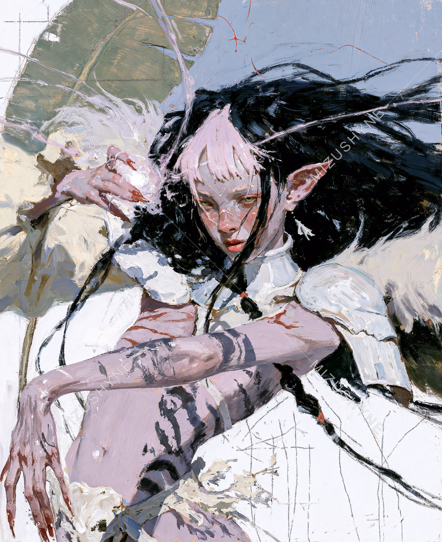 Mechanics of Annihilation by Mizushyne: Painting of a pale elven woman with black hair and tiger-striped arms lunging across a white background, white fur mantle flaring behind her