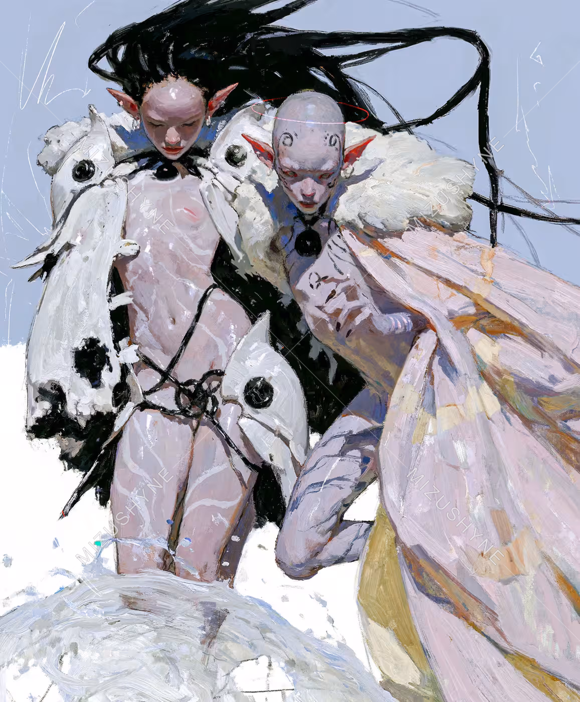 Prismatic Suffocation by Mizushyne: Painting of two pale elven figures with long black hair and white armour fragments in a cold pastel haze