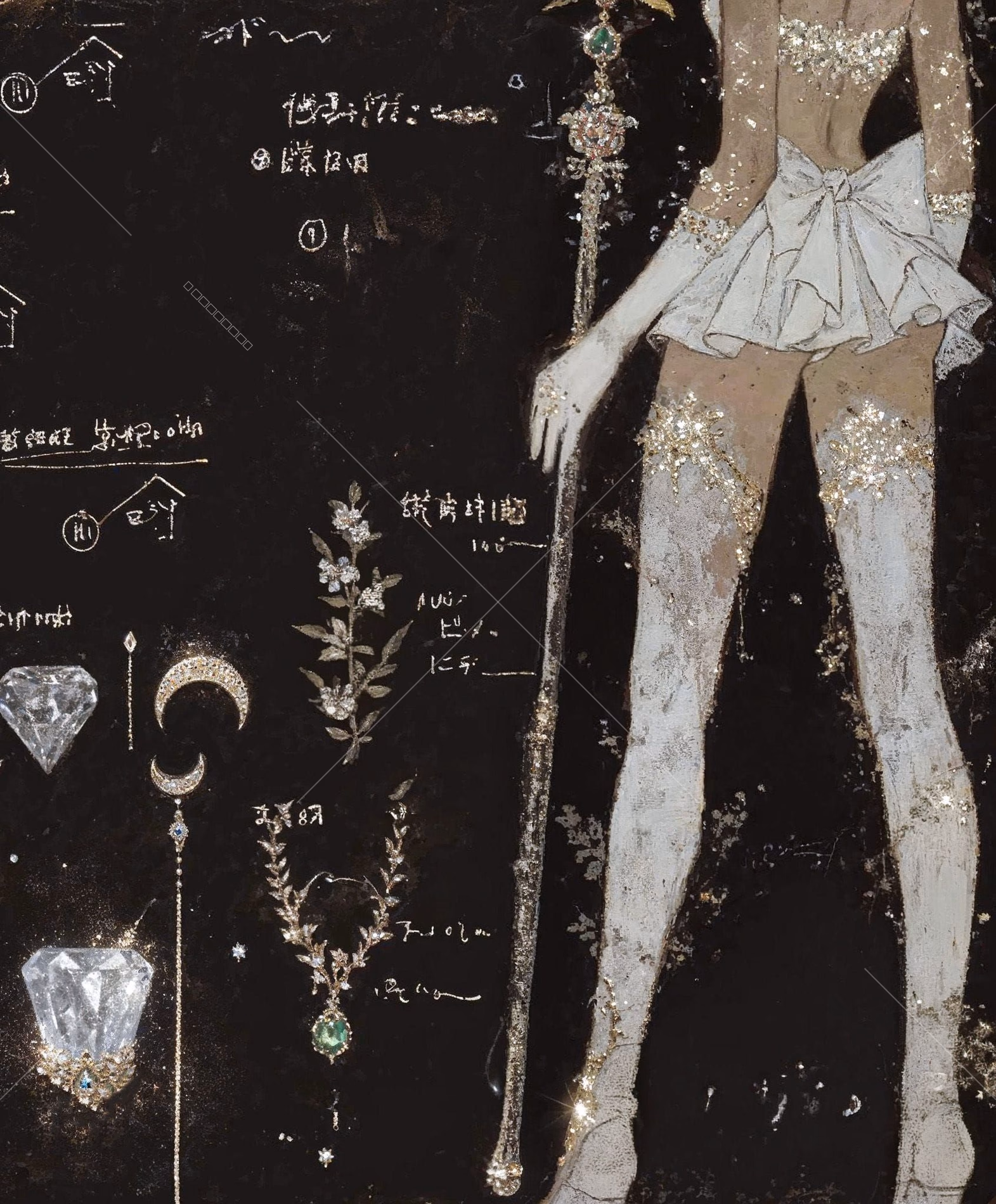I Raiments of the Crescent Empress by Mizushyne: A digital illustration detailing the lower half of a character in a ruffled white skirt and glittering thigh-high stockings holding a jeweled staff, surrounded by…