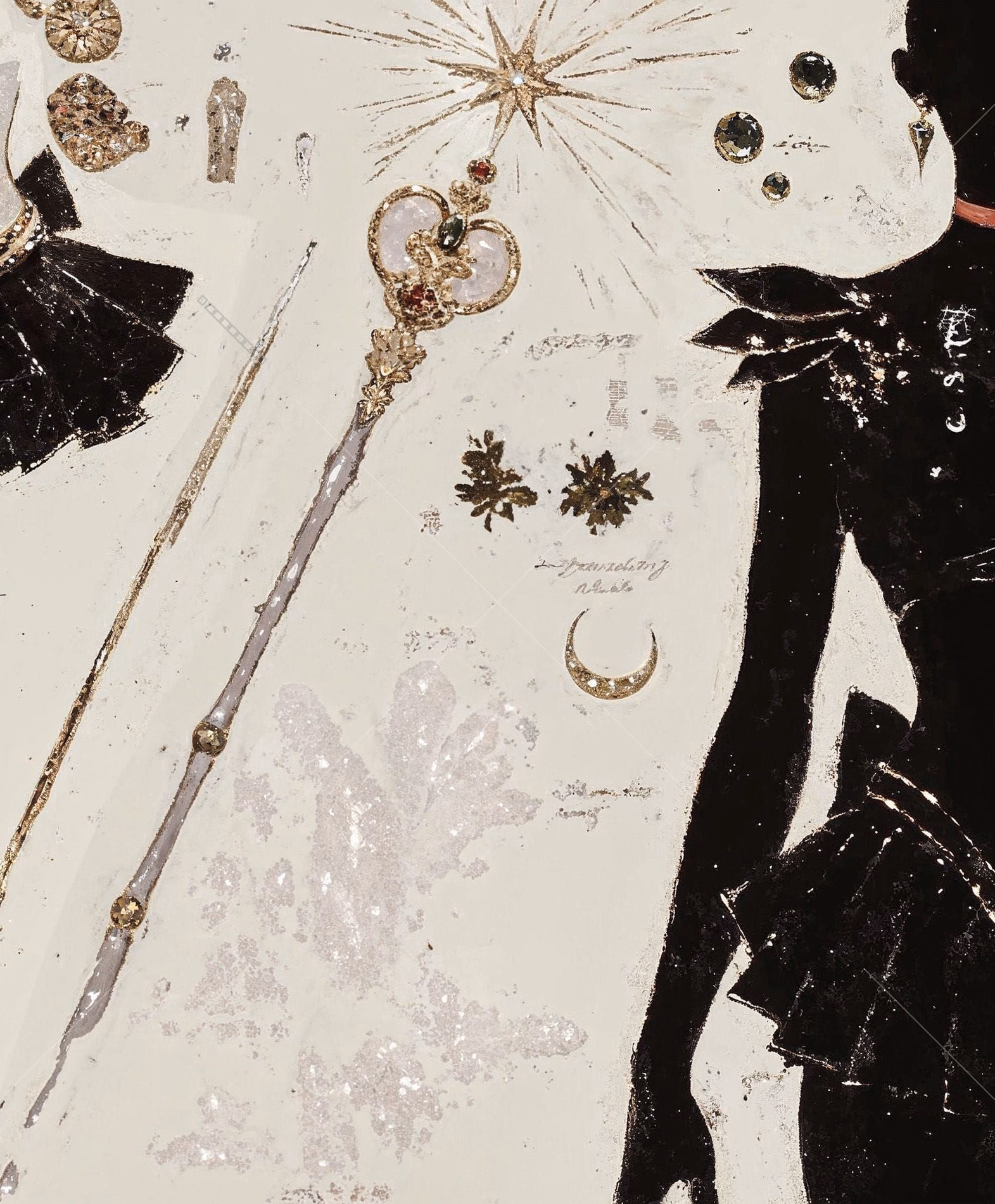 Iii Raiments of the Crescent Empress by Mizushyne: A close-up digital painting of a glowing, star-tipped crescent wand floating beside the dark silhouette of a character in a frilly skirt, accented with silver glitter…