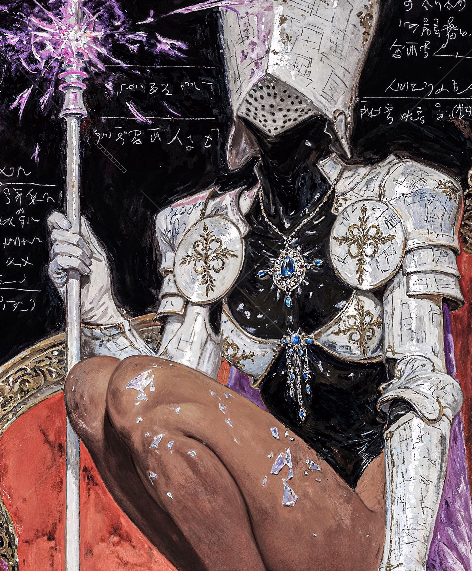 Regent of the Void by Mizushyne: A digital painting of a seated character wearing ornate white and gold plate armor with a studded visor over a shadowed face, holding a glowing purple crystal staff, with crystalline…