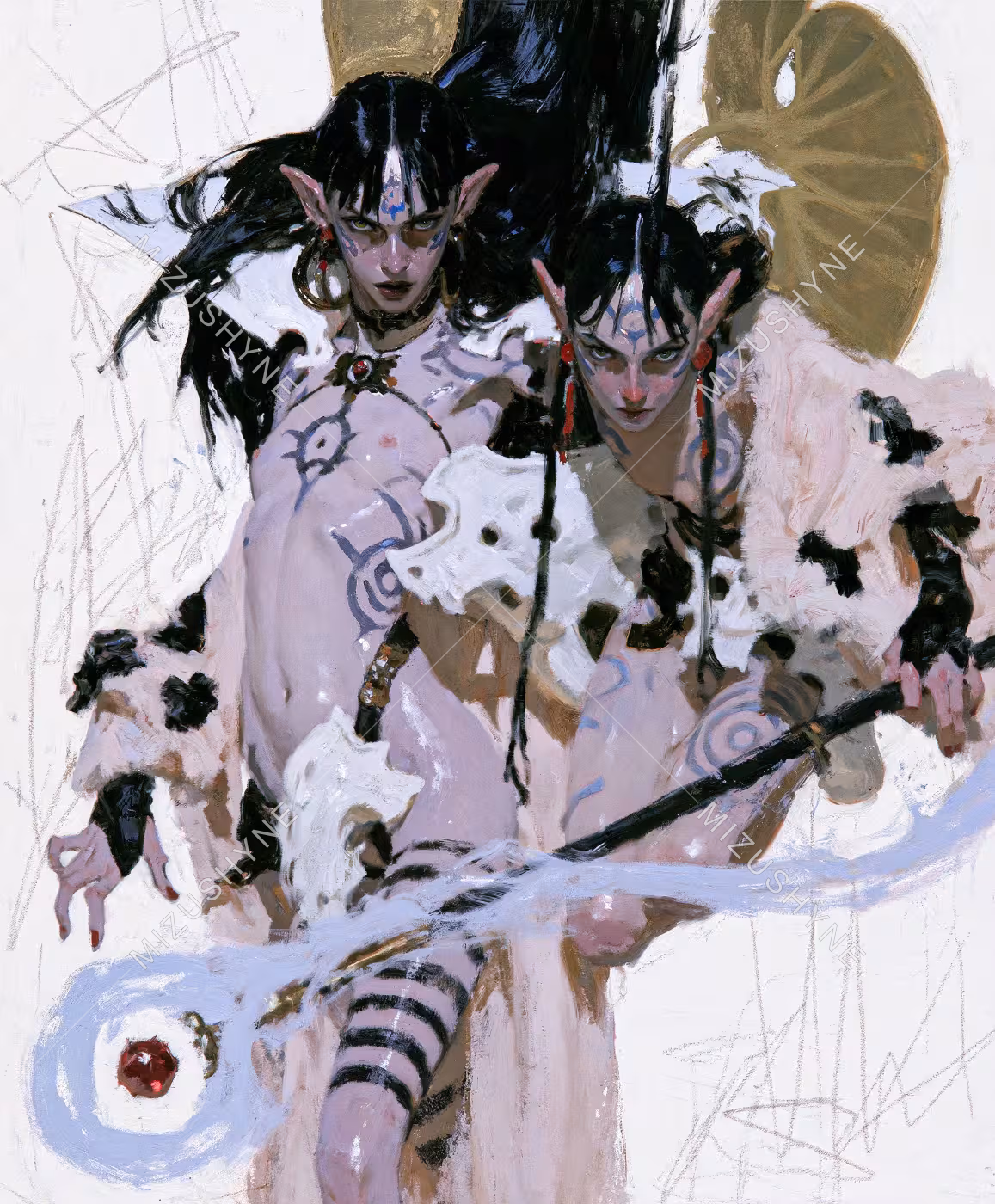 Scions of the Wastes by Mizushyne: Painting of two dark-haired figures with striped body paint and fur mantles before a gold sun disc, one holding a staff with a red gem