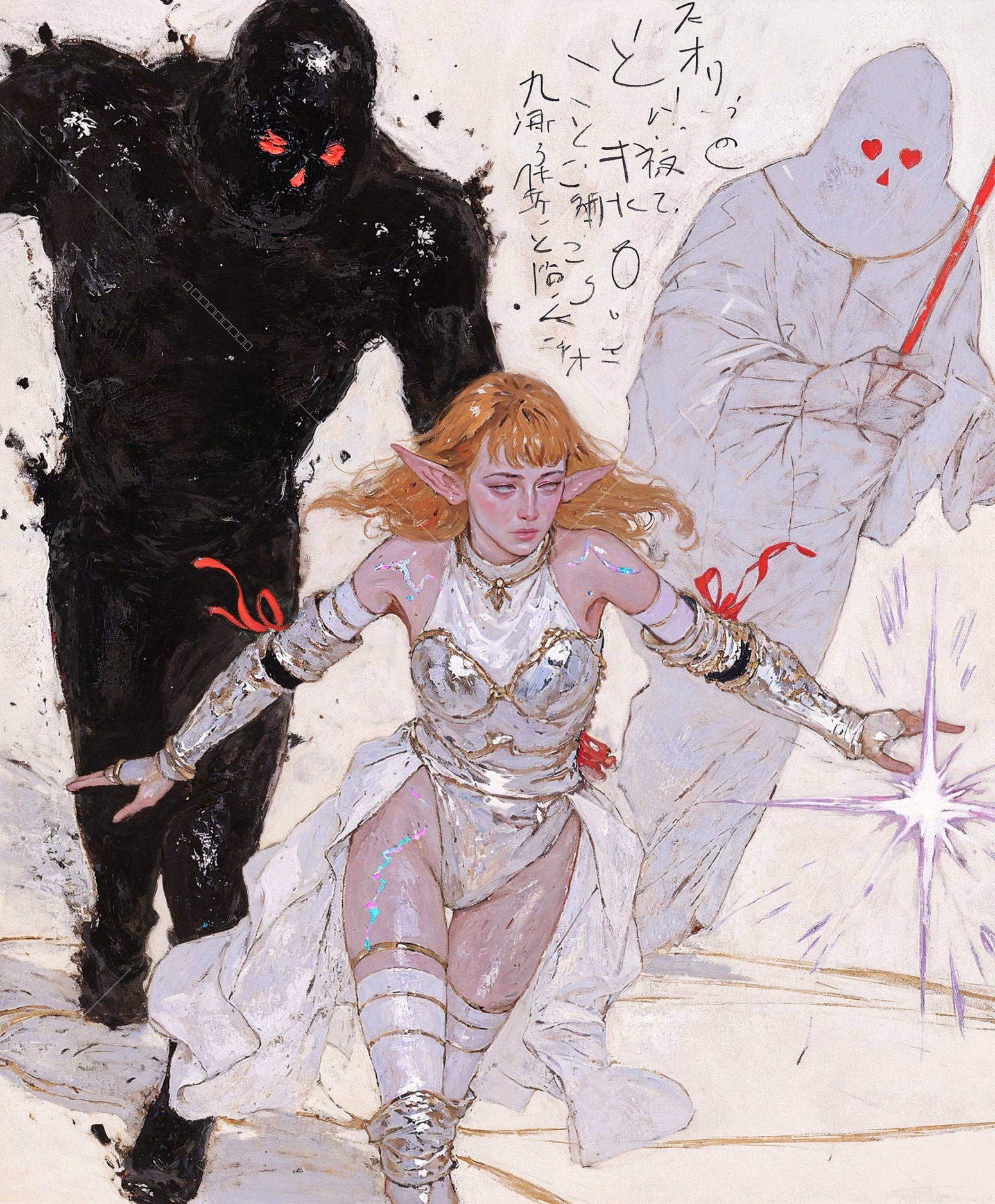 Summon the Unwanted by Mizushyne: Textured mixed-media fantasy painting of an elven woman in a silver breastplate and draped white tunic grounding a sharp purple flare into the floor with rolled-back eyes and…