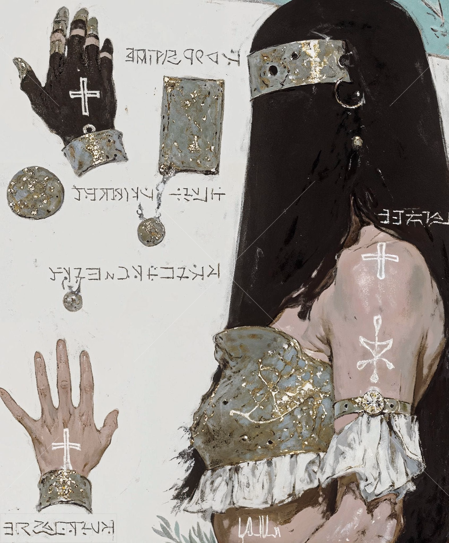 The Hallowed Bind by Mizushyne: A digital artwork showing the back and profile of a figure with long black hair wearing a studded metal blindfold and metallic shoulder armor, accompanied by anatomical sketches of hands…