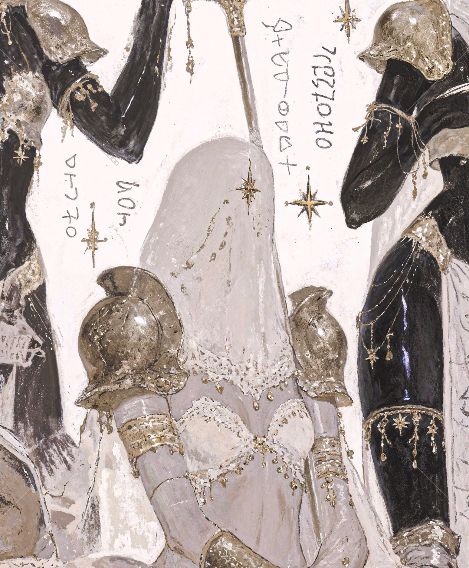 The Last Coronation by Mizushyne: A digital painting featuring a kneeling, veiled figure dressed in white lace and heavy golden shoulder armor, flanked by two tall, dark figures wearing matching gold armor and delicate…