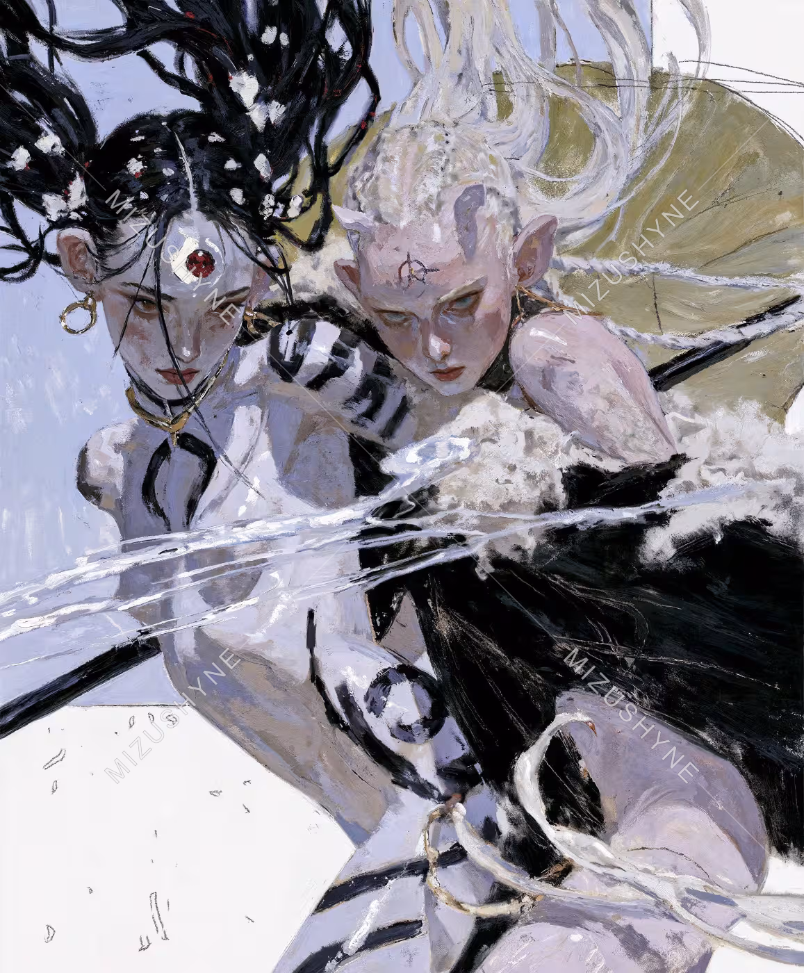 The Twin Eclipse by Mizushyne: Painting of two pale elven figures, one dark-haired and one silver-haired, colliding in sweeping black and white brushwork