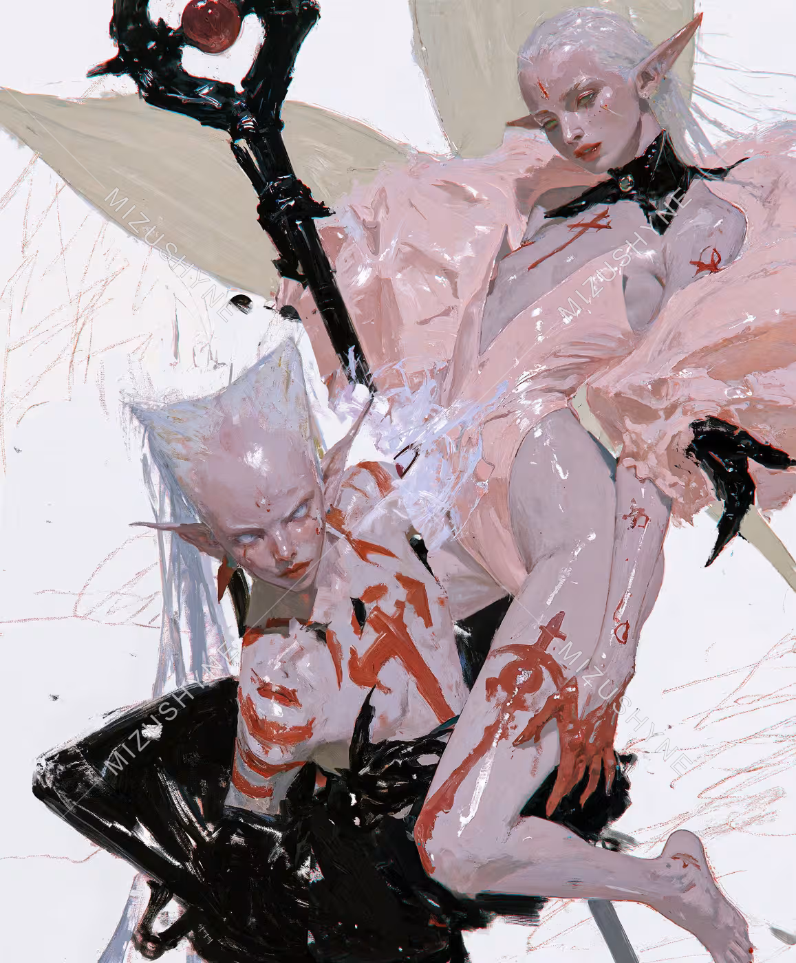 The Unmaking by Mizushyne: Painting of a pale elven figure in pink holding a dark staff, pressing down on a second figure covered in red markings